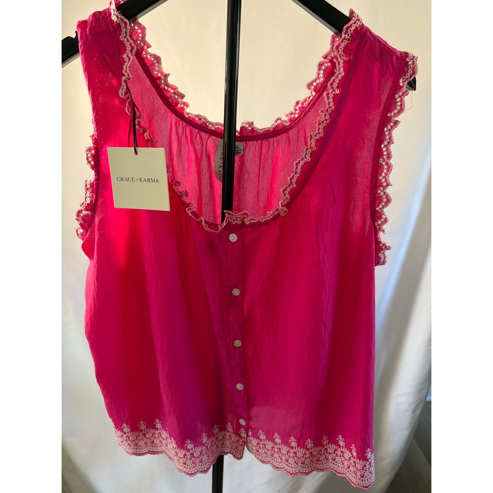 Grace + Karma Hot Pink Eyelet Embroidered Sleeveless Button Down Blouse XL NWT